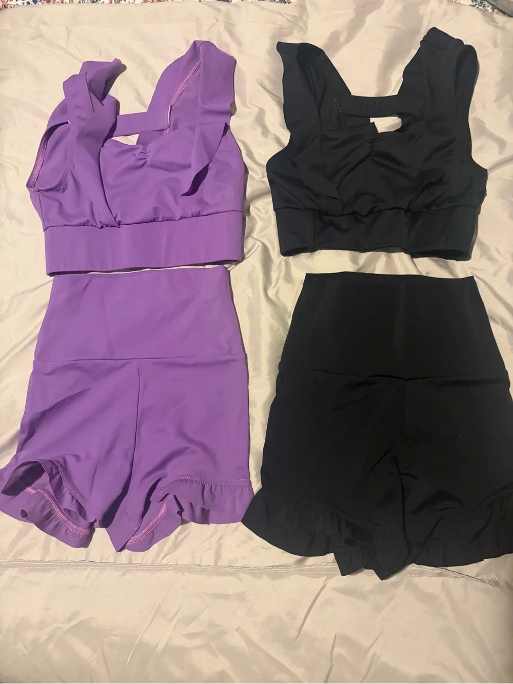 2 sets of balera Ruffle Strap Crop Top & High-Waist Shorts Set - Purple and Blac